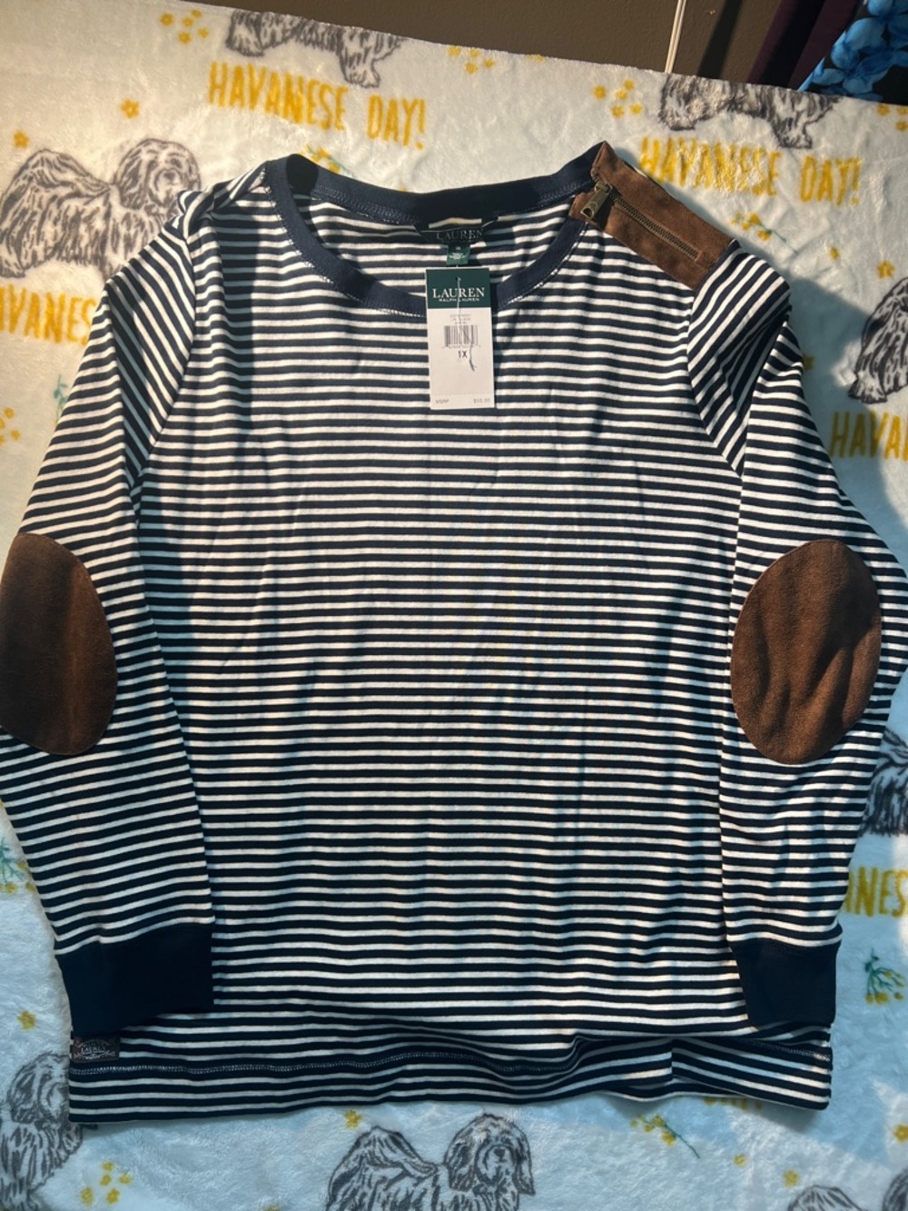 Lauren Ralph Lauren Navy & White Striped Top with Brown Suede Elbows Cotton